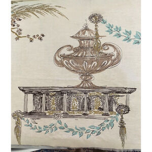 Vintage MCM Cream Brown Aqua Gold Rayon Barkcloth Classic Greek Motif Fabric